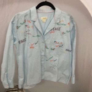 Maeve by Anthropologie button down Peace shirt in baby blue
